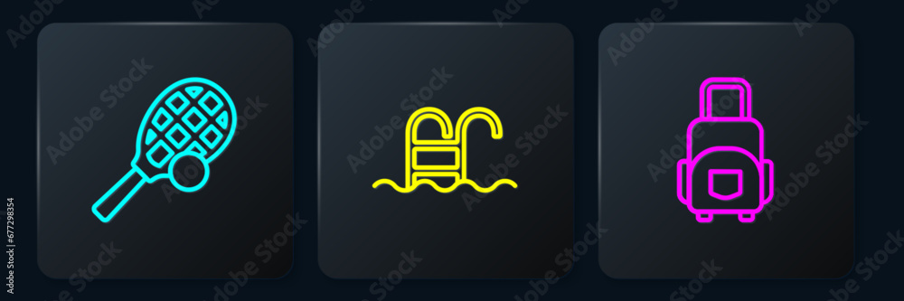 Set line Tennis racket with ball, Suitcase and Swimming pool. Black square button. Vector Set line Tennis racket with ball, Suitcase and Swimming pool. Black square button. Vector