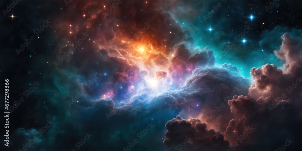 Colorful cosmic nebula veiled in space dust, a celestial spectacle. Fantastic space nebula with glowing cosmic clouds on black background. Universe, stars and galaxies clusters of fantastic worlds