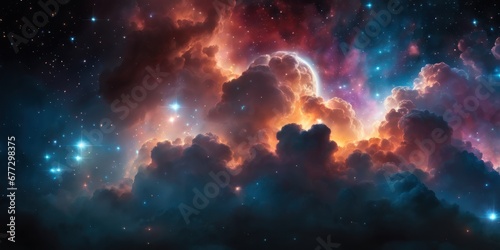Colorful cosmic nebula veiled in space dust, a celestial spectacle. Fantastic space nebula with glowing cosmic clouds on black background. Universe, stars and galaxies clusters of fantastic worlds #677298375