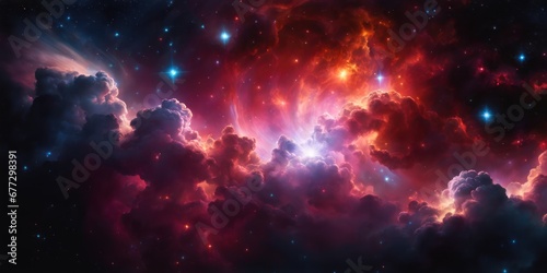 Colorful cosmic nebula veiled in space dust, a celestial spectacle. Fantastic space nebula with glowing cosmic clouds on black background. Universe, stars and galaxies clusters of fantastic worlds © useful pictures