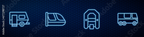 Set line Rafting boat, Rv Camping trailer, Train and railway and Bus. Glowing neon icon on brick wall. Vector