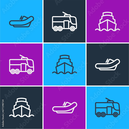 Set line Rafting boat, Cruise ship and Trolleybus icon. Vector