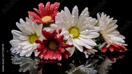 white and red daisies on a black background with water drops. Springtime  concept with a space for a text. Valentine day concept with a copy space.