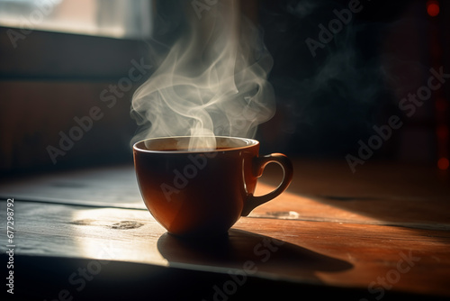 Coffee cup with hot coffee. Morning coffee in mug on table in restaurant. Breakfast with coffee in cafe. Hot cappuccino in cup on table in morning. Aromatic espresso caffeine drink in home room.