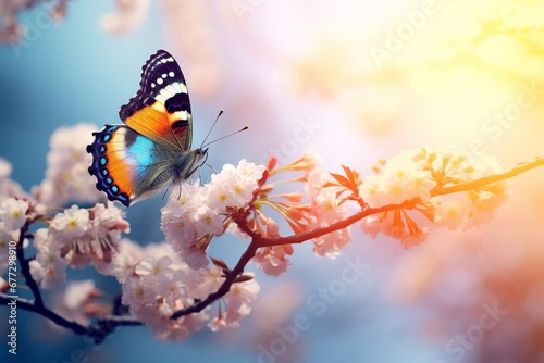 Serenity of Spring: Yellow Butterfly and Blooming Apricot Branch at Dawn