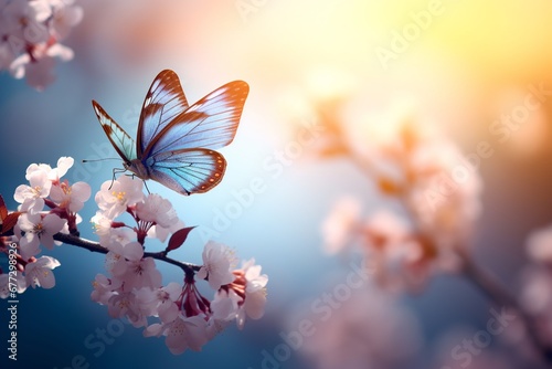 Serenity of Spring: Yellow Butterfly and Blooming Apricot Branch at Dawn