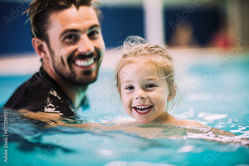 Père jouant avec son enfant dans la piscine © Concept Photo Studio