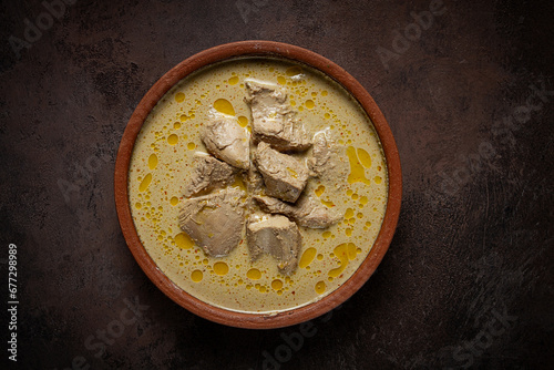 Satsivi, chicken in walnut sauce Baghe , cold dish, Georgian cuisine, homemade, no people, photo