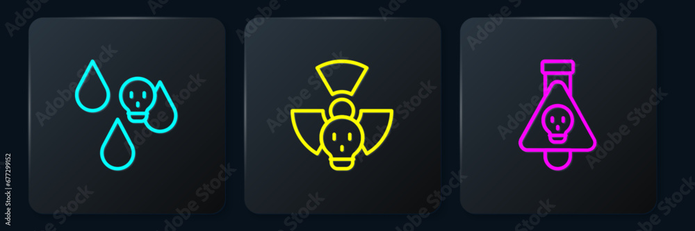 Set line Acid rain, Bottle with potion and Radioactive. Black square button. Vector Set line Acid rain, Bottle with potion and Radioactive. Black square button. Vector