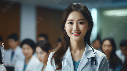 Female doctor or nurse standing in front of a medical training class, smiling and confident,