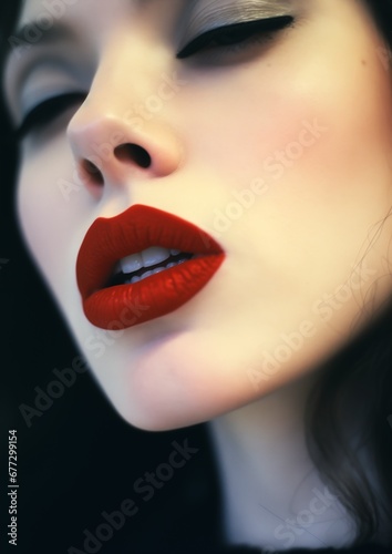 closeup woman red lipstick lips pale porcelain white skin warm color demoness sexy rich deep queen longing nylon biting sultry beckoning surrender