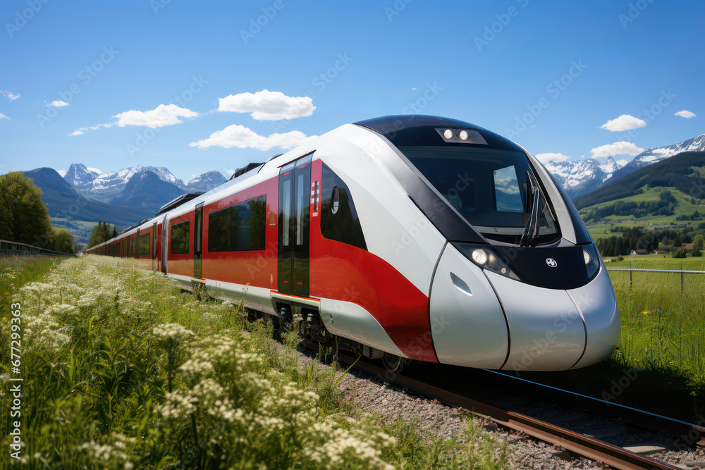 Öffentlicher Nahverkehr - rot-weiße Alpenbahn im Allgäu. Illustration - erzeugt mit Generative AI.