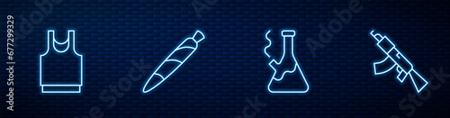 Set line Glass bong for smoking marijuana, Undershirt, Marijuana joint, spliff and Submachine gun. Glowing neon icon on brick wall. Vector