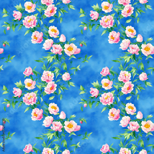 Seamless pattern with pink peony flowers and leaves on sky blue background with clouds. Elegant floral wallpaper. Colorful design for textile, fabric, print, wrapping, wall art.