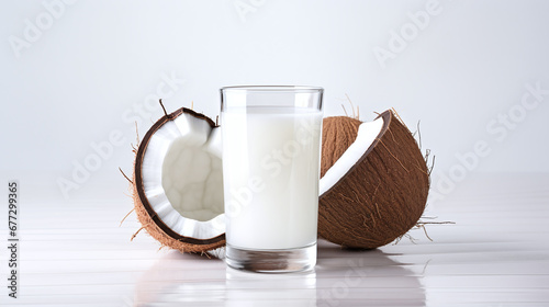 still life of coconut milk and coconut isolated against white background