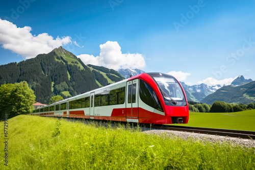 Öffentlicher Nahverkehr - rot-weiße Alpenbahn im Allgäu. Illustration - erzeugt mit Generative AI. photo