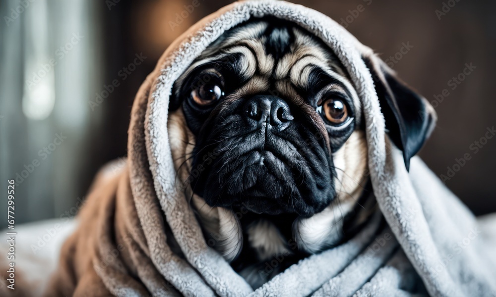 Cute wet pug dog sitting after shower in grey towel on bed, pets grooming and washing