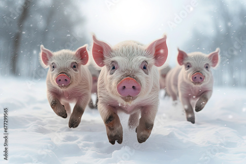 Junge Schweine rennen vergnügt durch eine wiße Schneelandschaft, niedliches Ferkelmotiv - erzeugt mit Generative AI.