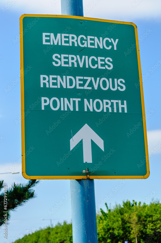 Road sign: Emergency Services Rendezvous Point North