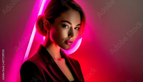 Female fashion model in radiant neon pink light