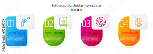 Set line Vintage pistol, Wardrobe, Vinyl disk and Locket on necklace. Business infographic template. Vector