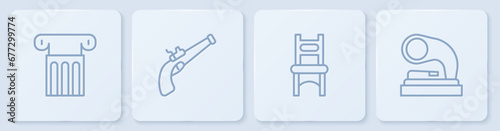 Set line Ancient column, Chair, Vintage pistol and Old gramophone. White square button. Vector