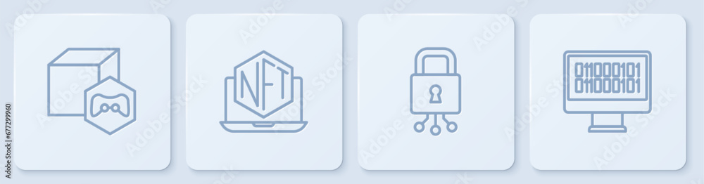Set line NFT Digital crypto art, Cyber security, Laptop with store app and Binary code. White square button. Vector Set line NFT Digital crypto art, Cyber security, Laptop with store app and Binary code. White square button. Vector