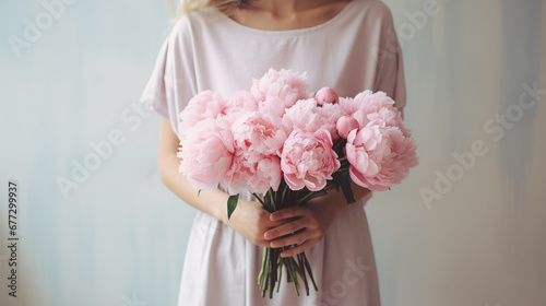 Fototapeta Naklejka Na Ścianę i Meble -  Pink peonies bouquet in woman hands. White and pink peony bunch. Beautiful spring fresh flowers. Springtime blossom. Sunny mood. Happy girl, holiday gift. Romantic surprise. Women’s holiday. Generated