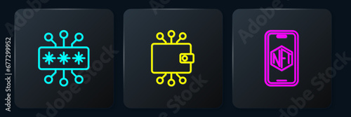 Set line Cyber security, Mobile with art store app and Cryptocurrency wallet. Black square button. Vector