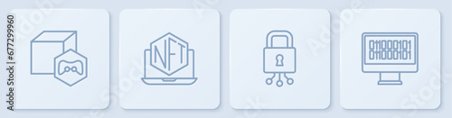 Set line NFT Digital crypto art, Cyber security, Laptop with store app and Binary code. White square button. Vector