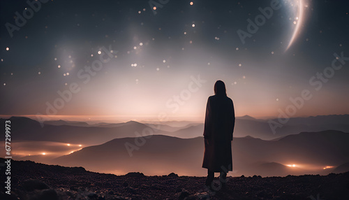 Silhouette of a woman in a raincoat against the backdrop of the night sky