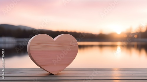 Close up of a light pink wooden Heart in front of a beautiful Lake. Blurred natural Background