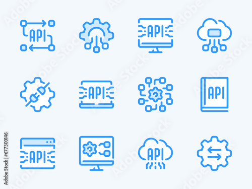 API, Software development and Data integration vector line icons. Application Programming Interface outline icon set. Computer, Connection, Cloud Computing, Website, Settings, Guidebook and more.