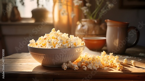 Popcorn in a bowl on a wooden table in the kitchen.