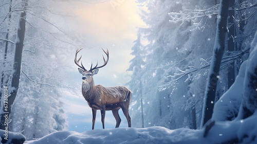 Deer in the winter forest with snow. 3d illustration. © Gorilla Studio