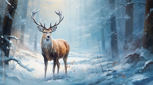 Fallow deer in the winter forest. 3D render. Toned. © Gorilla Studio