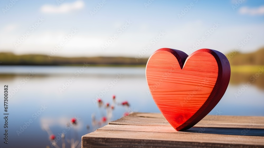 Fototapeta premium Close up of a light red wooden Heart in front of a beautiful Lake. Blurred natural Background