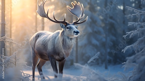 Portrait of a reindeer in the winter forest at sunset