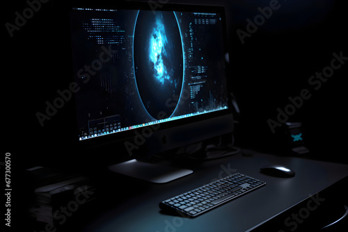 Close up of computer monitor in dark room with computer keyboard and mouse