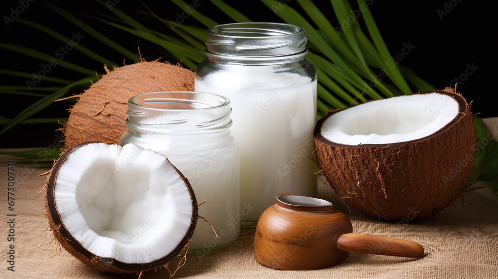 Still life with coconut oil and fat in bottles with coconuts and palm leaves as decortation on a wooden table against a dark background Still life with coconut oil and fat in bottles with coconuts and palm leaves as decortation on a wooden table against a dark background