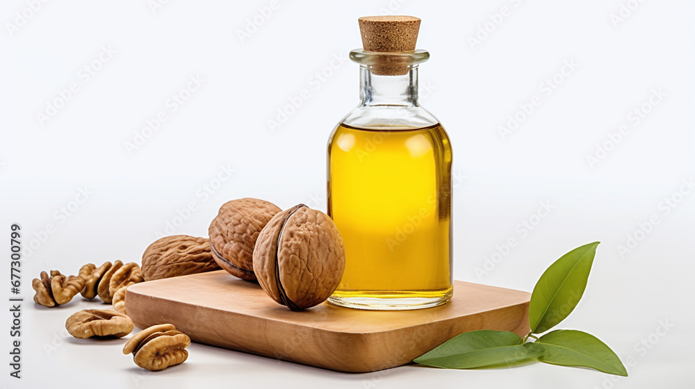 Still life with walnut oil in bottles with walnuts as decortation isolated against white background Still life with walnut oil in bottles with walnuts as decortation isolated against white background