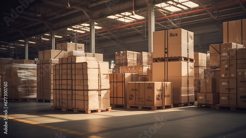 Warehouse interior with boxes on pallets. 3D Rendering © Gorilla Studio