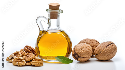 Still life with walnut oil in bottles with walnuts as decortation isolated against white background 