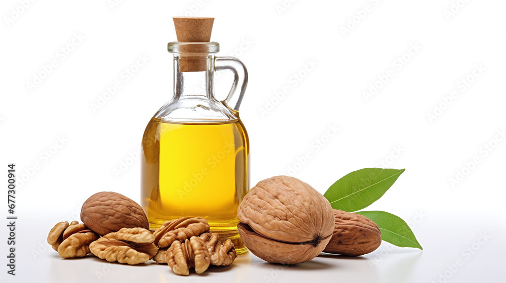 Still life with walnut oil in bottles with walnuts as decortation isolated against white background 