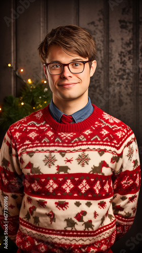 Portrait of a young man in a Christmas sweater and glasses. 