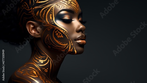 Beautiful african american woman with golden make up on dark background