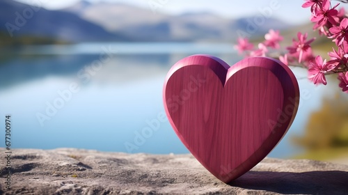 Close up of a magenta wooden Heart in front of a beautiful Lake. Blurred natural Background