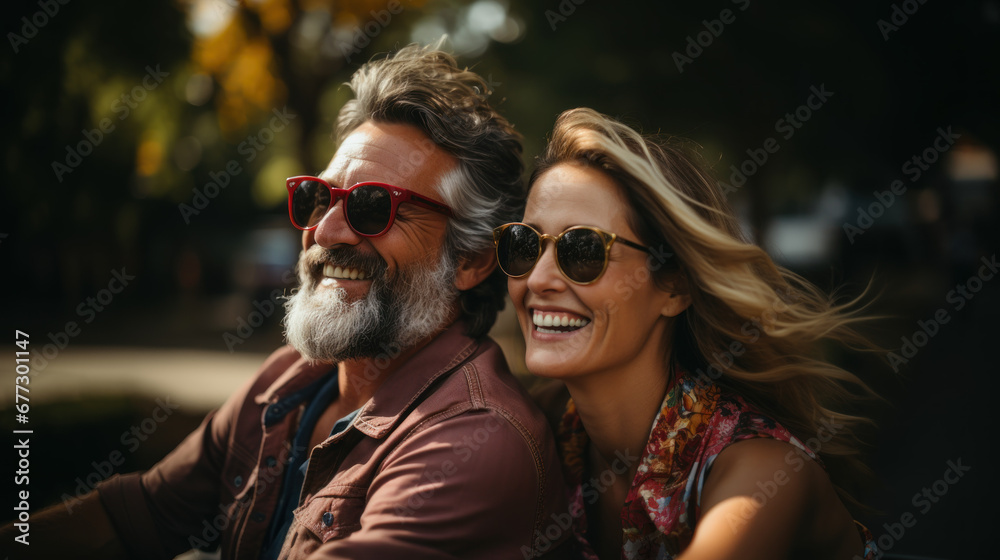 Elderly couple enjoy each other's company as they walk in the park