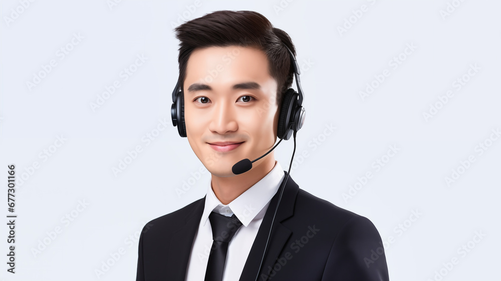 Portrait of asian happy smiling cheerful young support phone operator in headset, isolated over white background Portrait of asian happy smiling cheerful young support phone operator in headset, isolated over white background