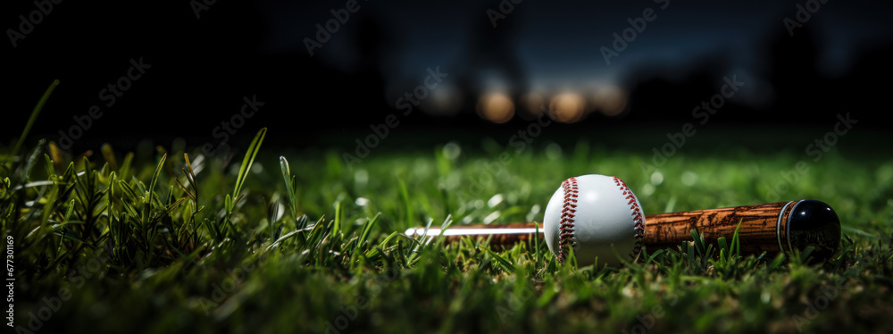 Bat and baseball ball lie on the playing field - obrazy, fototapety, plakaty 